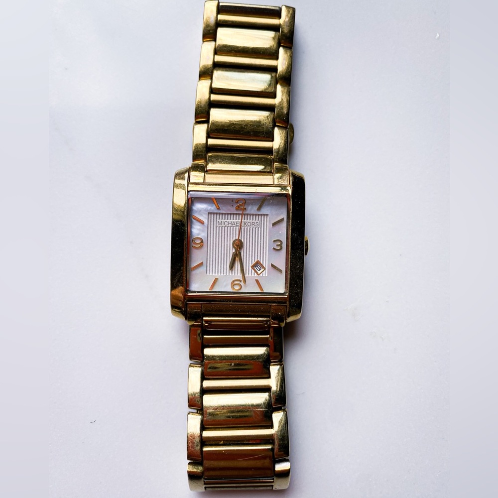 Michael Kors Cartier style gold square face watch with mother of Pearl face